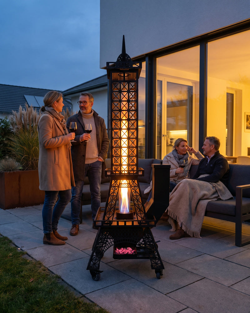 Vier Menschen stehen und sitzen abends um den brennenden Feuerturm